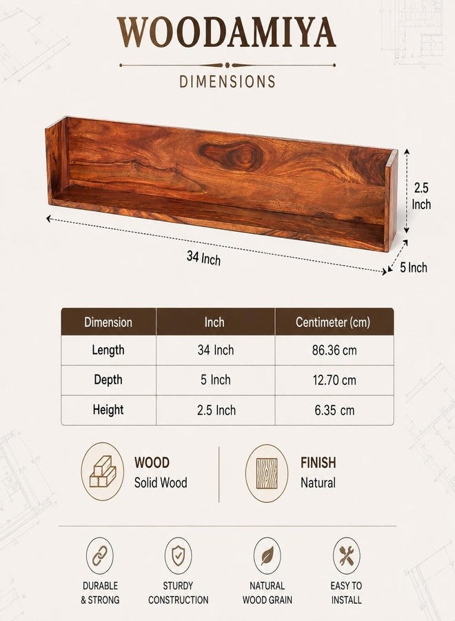 WOODAMIYA® Wooden Wall Mounting Shelves for Decorative Wall Shelf for Books, Décor, and Display - Elegant Space-Saving Design | Natural Finish | 34 x 5 x 2.5 Inch | 1 Pcs Only. - Image 1