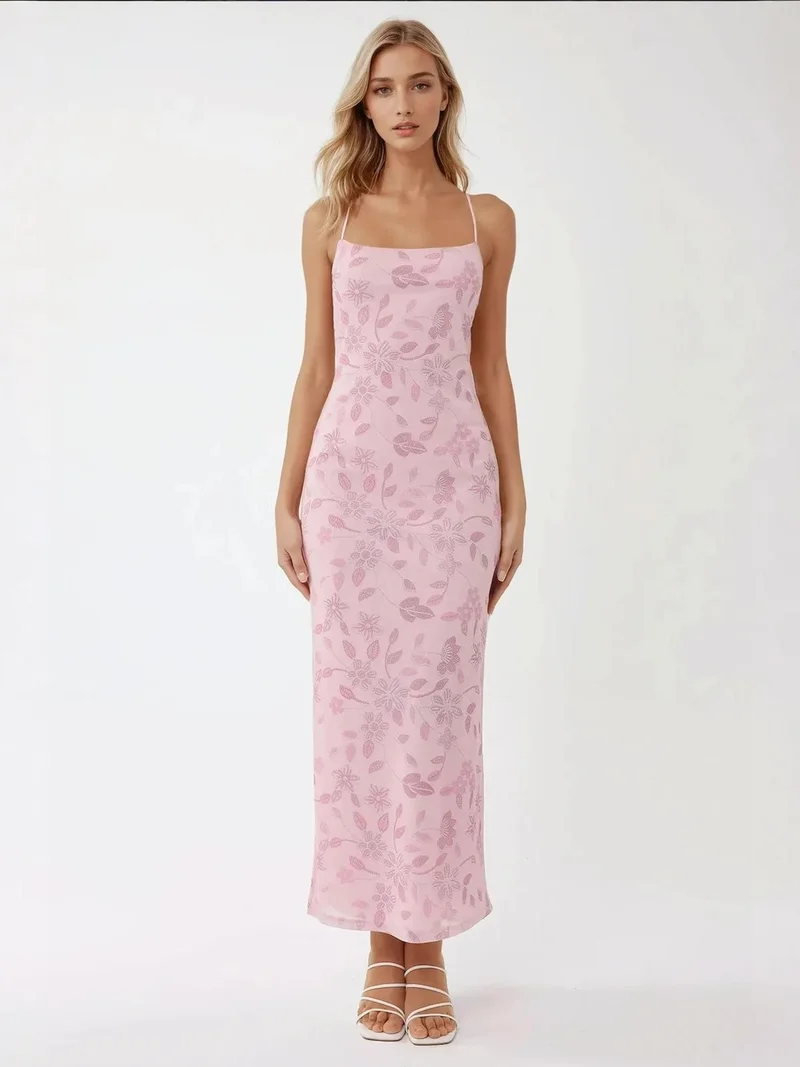 HICCUP Bright Pink Square Collar Printed Maxi Dress for Women | Best Price UAE