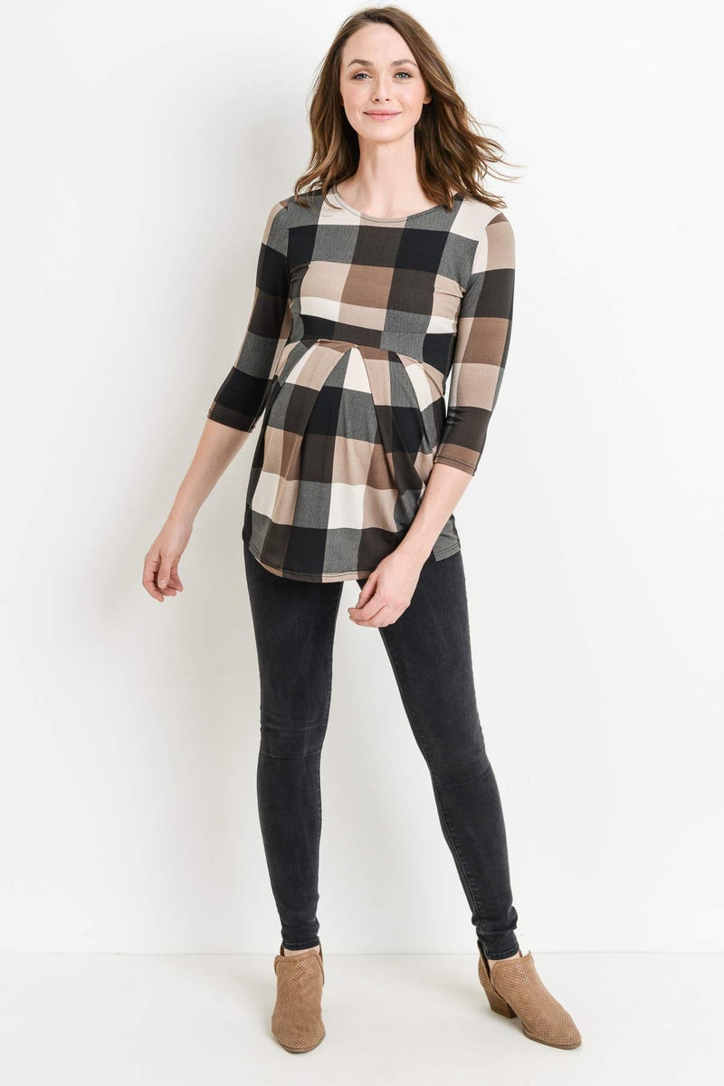 LaClef Womens Shirt Round Neck 3/4 Sleeve Front Pleat Peplum Maternity Top (Brown Plaid, Medium) - Image 5