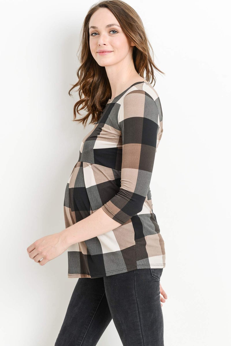 LaClef Womens Shirt Round Neck 3/4 Sleeve Front Pleat Peplum Maternity Top (Brown Plaid, Medium) - Image 3