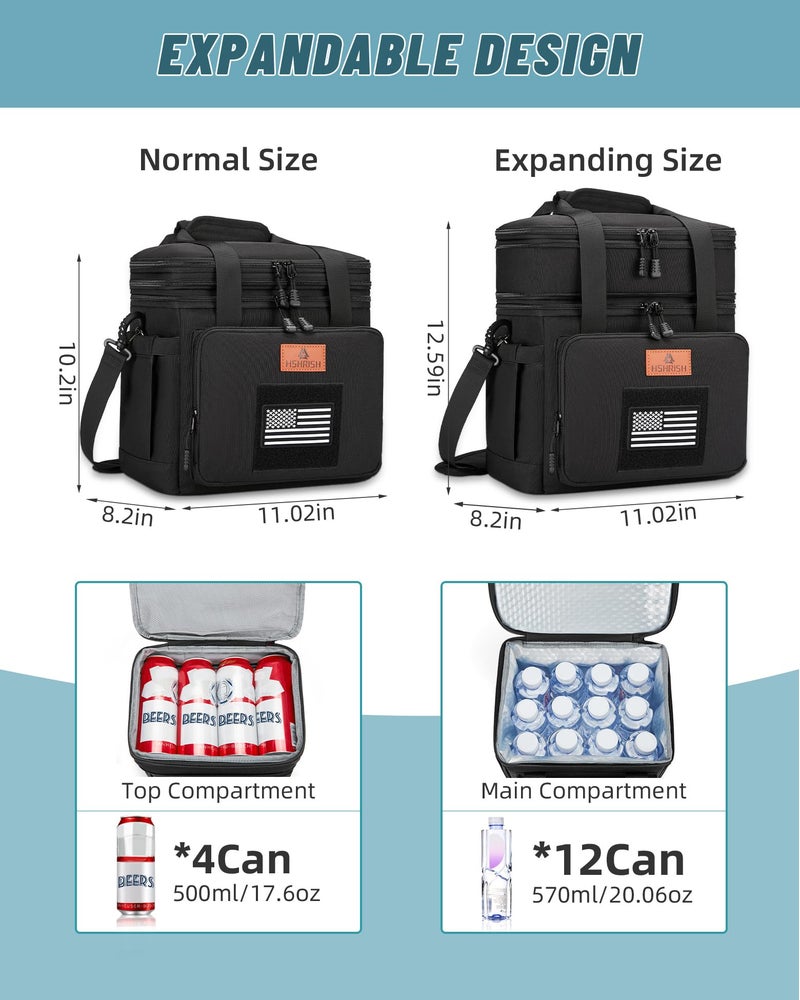 HSHRISH Lunch Box, Large Double Deck Expandable Insulated Lunch Bag, Durable Waterproof Leakproof Tactical Cooler Bag with Flag for Men/Work Picnic Trips, 24 Cans/16 L, Black - Image 2