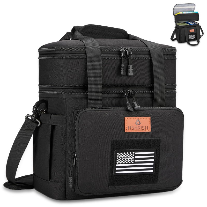 HSHRISH Lunch Box, Large Double Deck Expandable Insulated Lunch Bag, Durable Waterproof Leakproof Tactical Cooler Bag with Flag for Men/Work Picnic Trips, 24 Cans/16 L, Black - Image 1