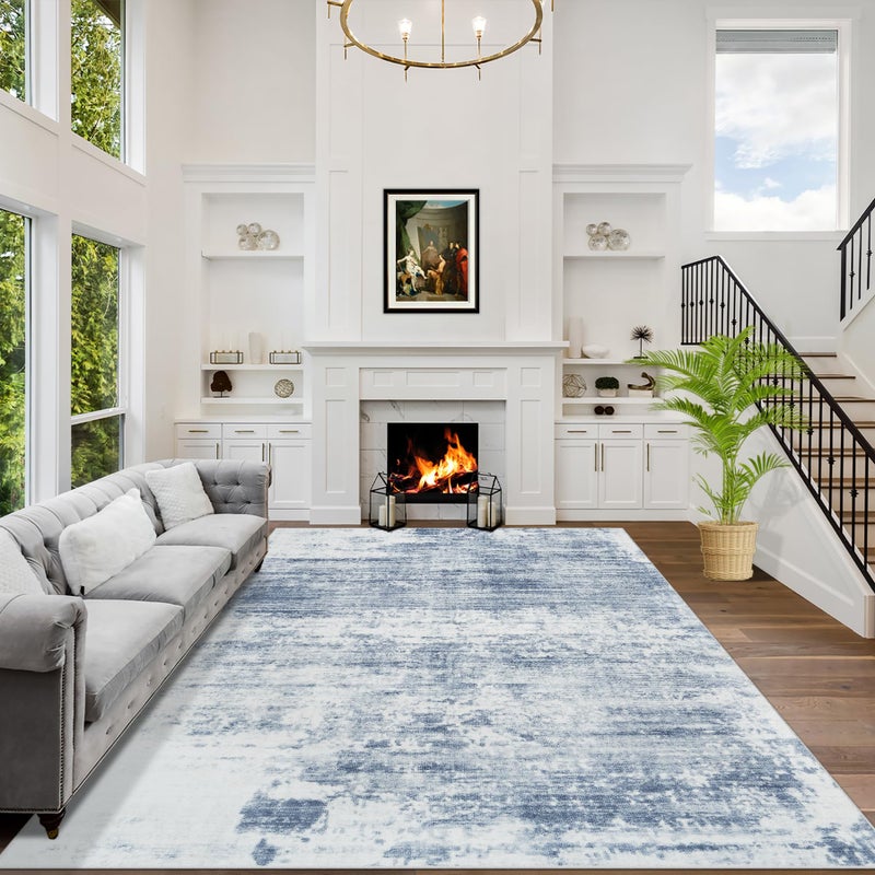 Gent drizz 8x10 Area Rugs Washable Rug: Modern Abstract Living Room Rug Soft Anti-Skid Thin Carpet Indoor Floor Non-Shedding Carpets for Bedroom Dining Room Farmhouse Nursery Home Office Blue White - Image 1