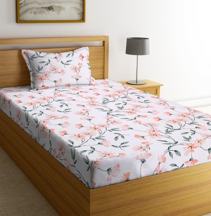 NEW LEAF Glace Cotton 200 TC Flat Single Bedsheets for Summer Breathable | Wrinklefree (Size-60 X 90 Inch) with 1 Pillow Covers (Size-17 X 27 Inches, Floral, Off White Pink) - Image 4