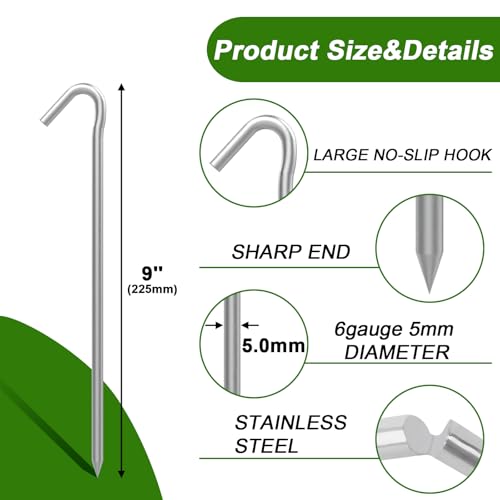 AAGUT Tent Stakes Heavy Duty Metal 9 Inch, 25 Pack Rust-Resistant Galvanized Steel Camping Stake Garden Edging Fence Hooks Yard Tent Pegs for Inflatable, Tarp, Outdoor Christmas Decorations - Image 2