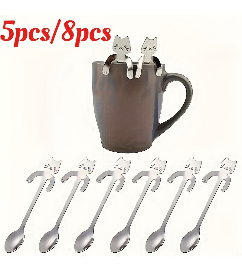 Stainless Steel Cat Hanging Cup Spoons 8pcs Tea Coffee Stirrer Set - Image 1