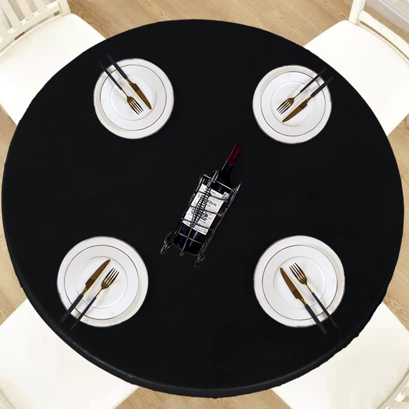 LUSHVIDA Round Waterproof Table Cover Elastic Vinyl Fitted Tablecloth Elastic Edged Plastic Table Cloth for Camping, Dining, Indoor and Outdoor (Black, Best for Up to 45"-56" Round) - Image 1