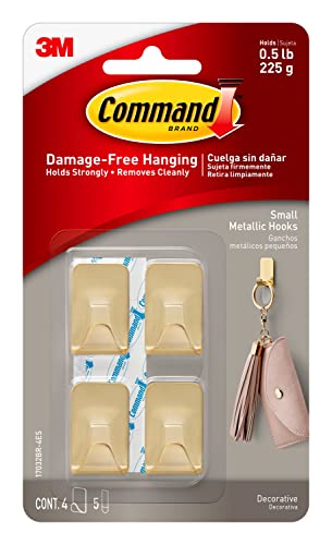 Command Small Metallic Hooks Brass Color, 4 Hooks and 5 Command Strips, Damage-Free Wall Hooks with Adhesive Strips, Adhesive Hooks for Hanging Christmas Decorations, Holds up to 0.5 lb - Image 1