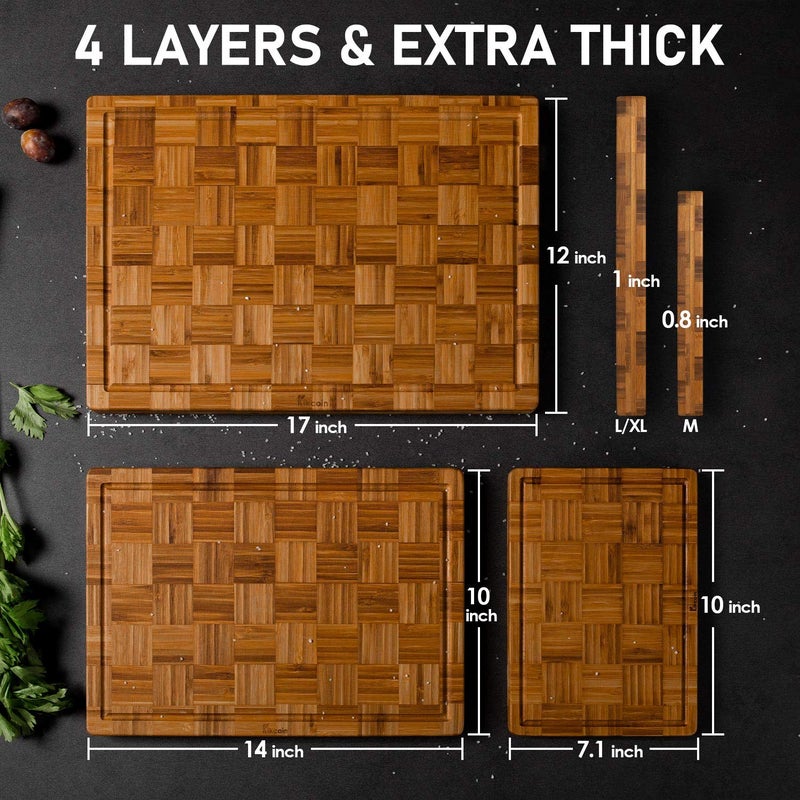 Kikcoin Extra Large Bamboo Cutting Boards, (Set of 3) Chopping Boards with Juice Groove Bamboo Wood Cutting Board Set Butcher Block for Kitchen, End Grain Serving Tray by Kikcoin - Image 2