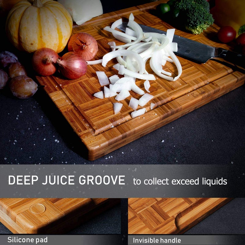 Kikcoin Extra Large Bamboo Cutting Boards, (Set of 3) Chopping Boards with Juice Groove Bamboo Wood Cutting Board Set Butcher Block for Kitchen, End Grain Serving Tray by Kikcoin - Image 3