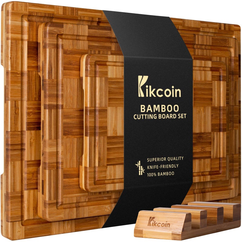Kikcoin Extra Large Bamboo Cutting Boards, (Set of 3) Chopping Boards with Juice Groove Bamboo Wood Cutting Board Set Butcher Block for Kitchen, End Grain Serving Tray by Kikcoin - Image 1