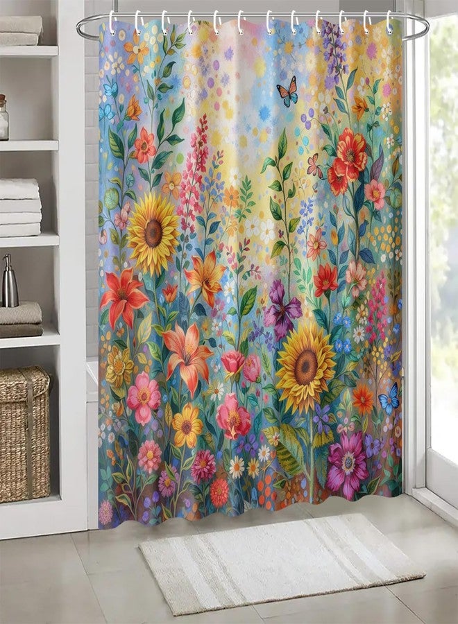 ستارة حمام IOHEFY ملونة بنقوش زهور، مقاس 70.8 × 70.8 بوصة، مزودة بخطافات، بنقشة زهور نابضة بالحياة وتصميم مستوحى من الحدائق، مصنوعة من قماش فاخر، مزينة بعباد الشمس والفراشات، مثالية لتزيين حوض الاستحمام. - Image 4