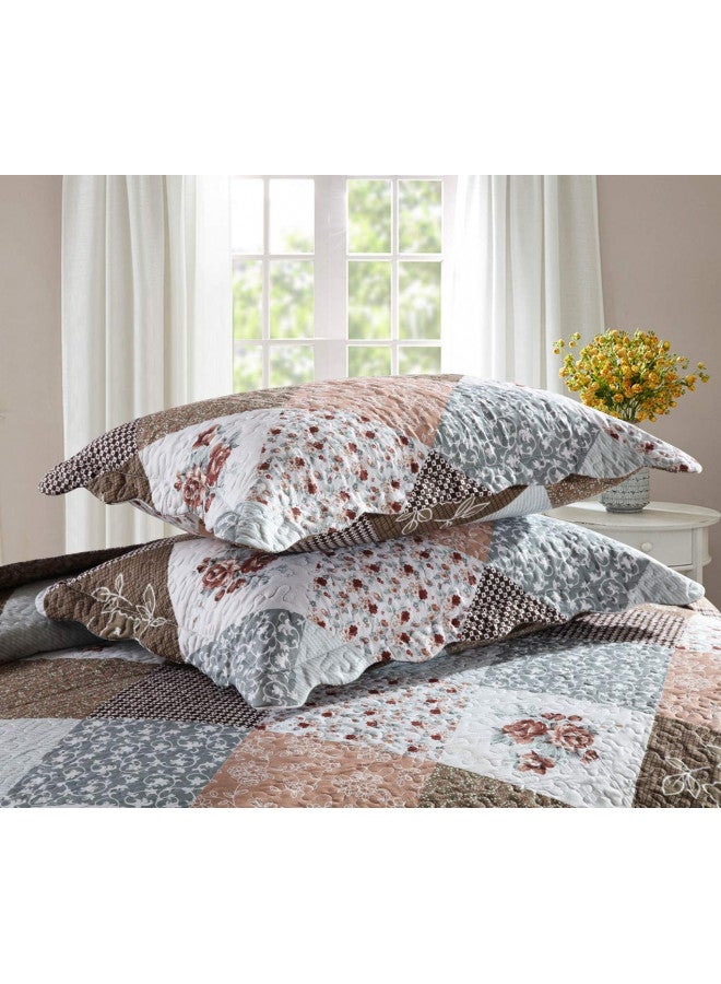 Qucover Quilts Queen Size 3-Piece Microfiber Polyester Brown Floral Patchwork Quilts Bedspread, Quilted Bedspread Bedding Set with Shams, Summer Quilt Comforter 90x98 Inch - Image 2