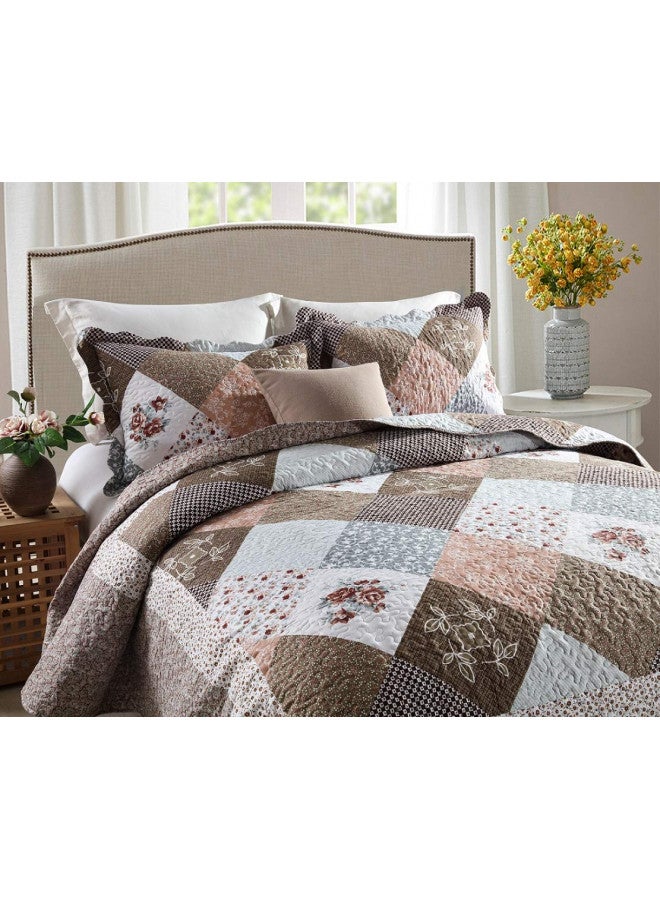 Qucover Quilts Queen Size 3-Piece Microfiber Polyester Brown Floral Patchwork Quilts Bedspread, Quilted Bedspread Bedding Set with Shams, Summer Quilt Comforter 90x98 Inch - Image 1