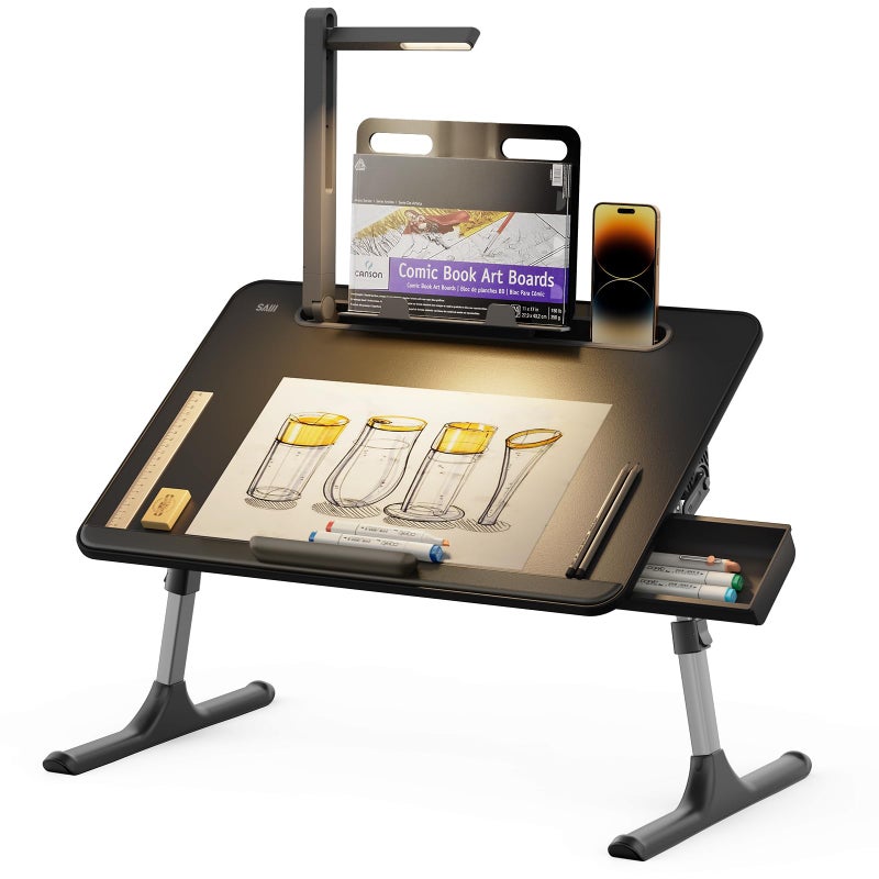 SAIJI Laptop Table with LED Desk Light SAIJI Laptop Stand for Bed Height Adjustments Bed Desk with Book Stand for Reading Writing Drawing Black - Image 2