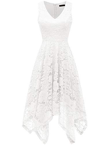 Meetjen Women's Cocktail Party Dress Handkerchief Hem Knee Length Midi Elegant Bridal Shower Dresses 2025 White L - Image 3