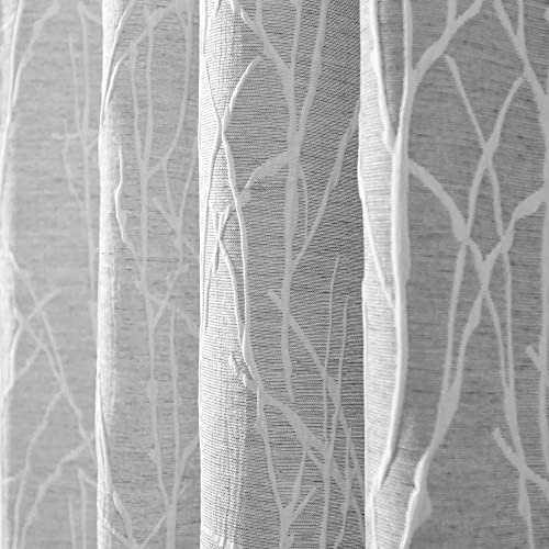 Pitalk White Grey Curtains 84 Inch Length for Living Room Darkening 2 Panel Back Tab Pocket Linen Textured Modern Farmhouse Tree Branch Pattern Light Filtering 50% Blackout Silver Gray Long Drape for Bedroom - Image 1