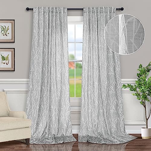 Pitalk White Grey Curtains 84 Inch Length for Living Room Darkening 2 Panel Back Tab Pocket Linen Textured Modern Farmhouse Tree Branch Pattern Light Filtering 50% Blackout Silver Gray Long Drape for Bedroom - Image 2