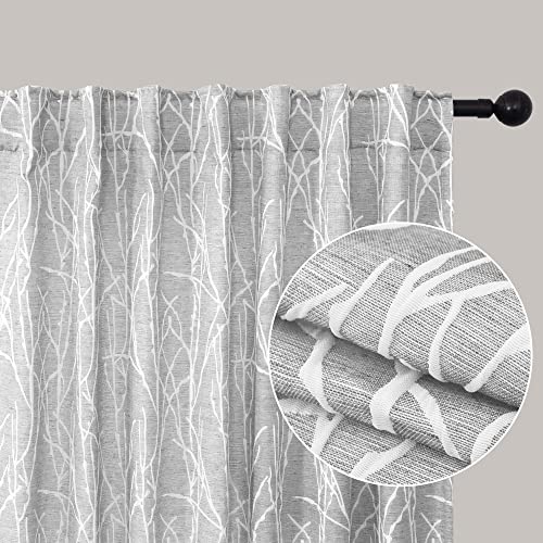 Pitalk White Grey Curtains 84 Inch Length for Living Room Darkening 2 Panel Back Tab Pocket Linen Textured Modern Farmhouse Tree Branch Pattern Light Filtering 50% Blackout Silver Gray Long Drape for Bedroom - Image 3