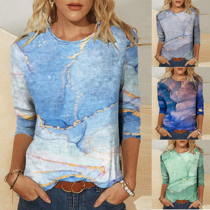 2023 wish Marble Women's Seven-point Sleeve 3D Printed Casual Round Neck T-Shirt - Image 2