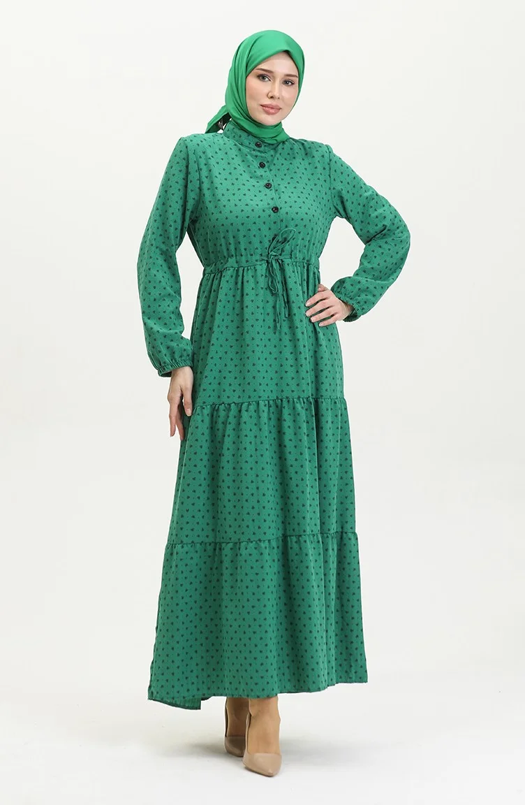 سيفا ميرفي Half Buttoned Patterned Dress 0387-05 Emerald Green
