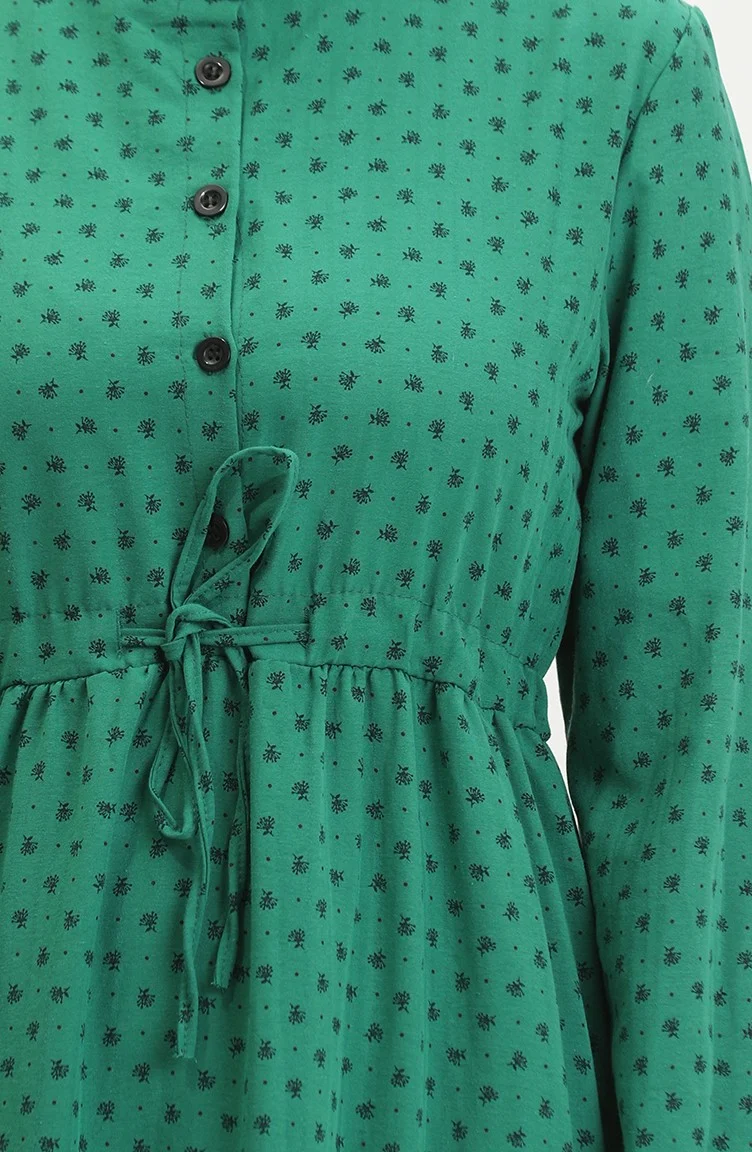 سيفا ميرفي Half Buttoned Patterned Dress 0387-05 Emerald Green