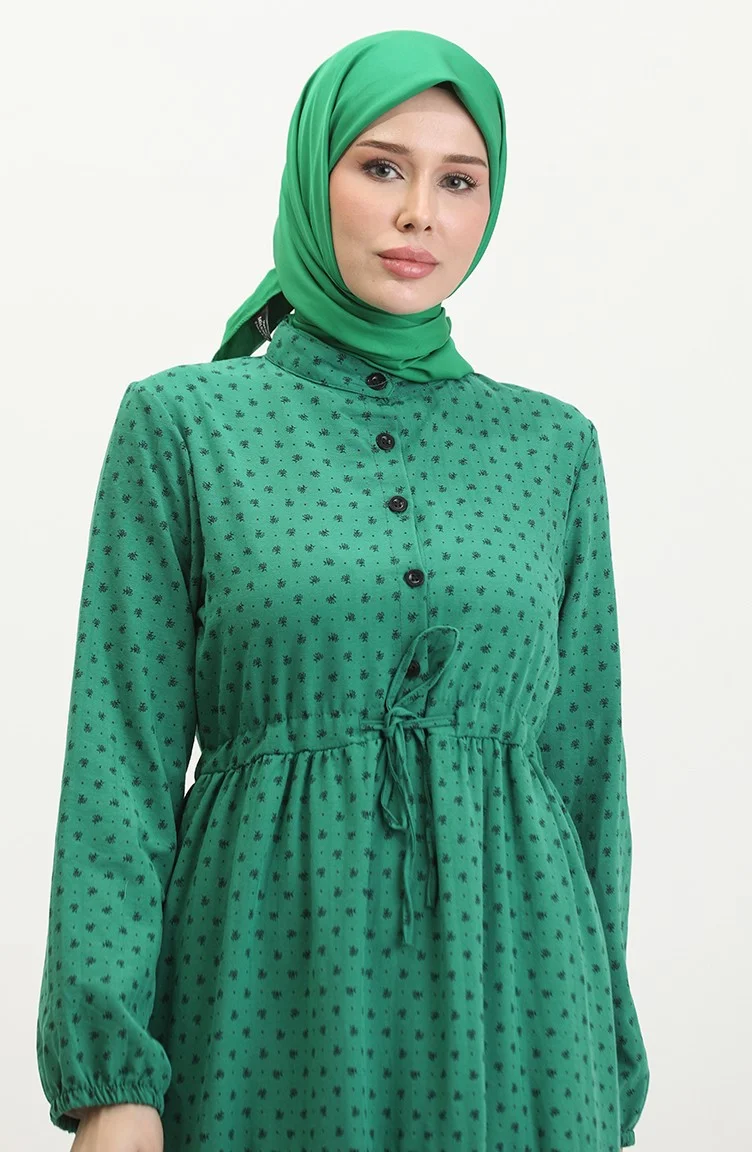 سيفا ميرفي Half Buttoned Patterned Dress 0387-05 Emerald Green
