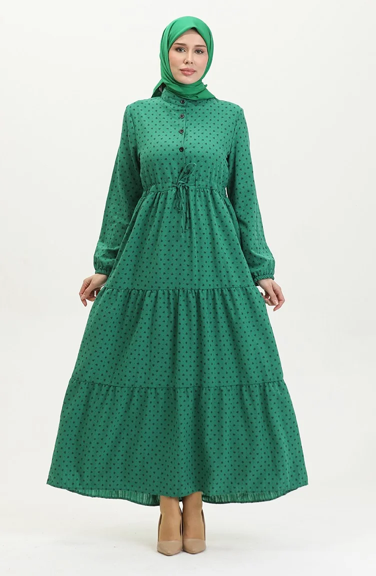 سيفا ميرفي Half Buttoned Patterned Dress 0387-05 Emerald Green