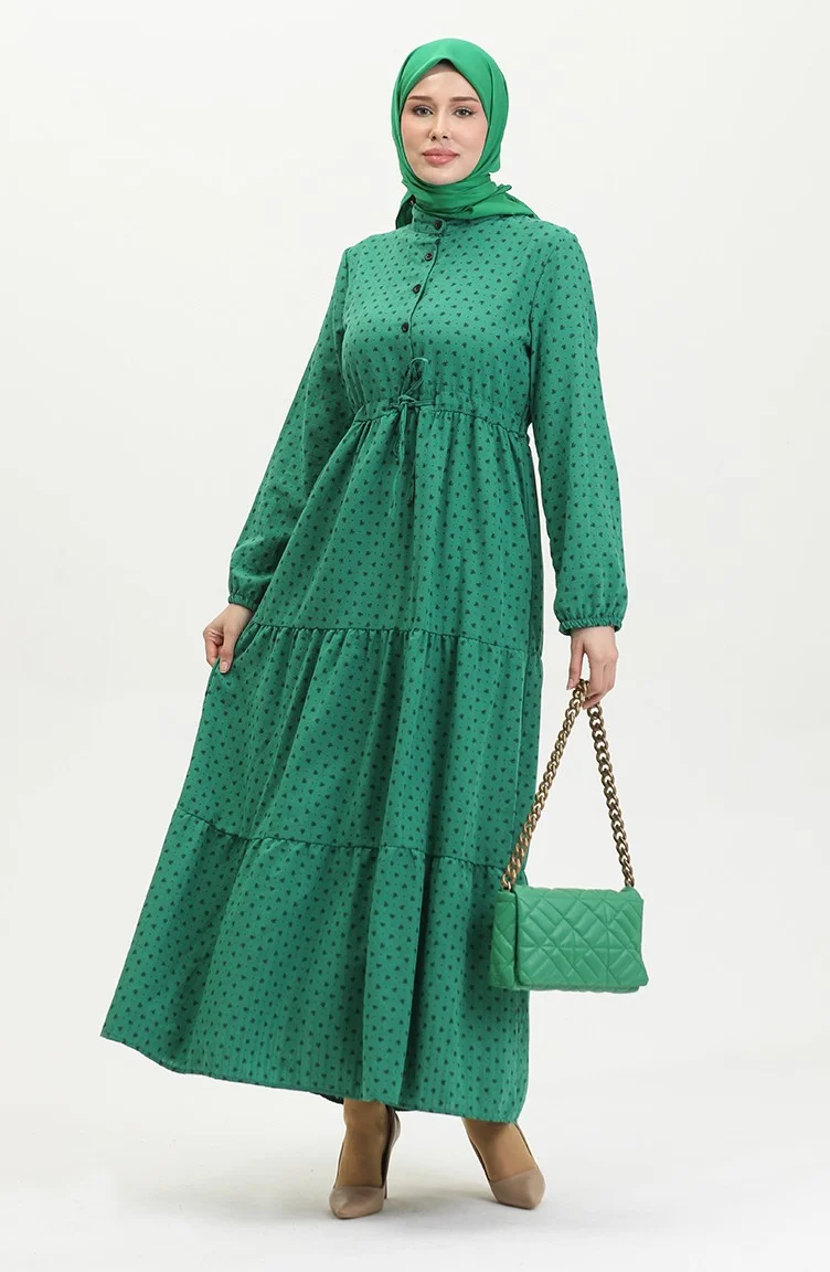سيفا ميرفي Half Buttoned Patterned Dress 0387-05 Emerald Green