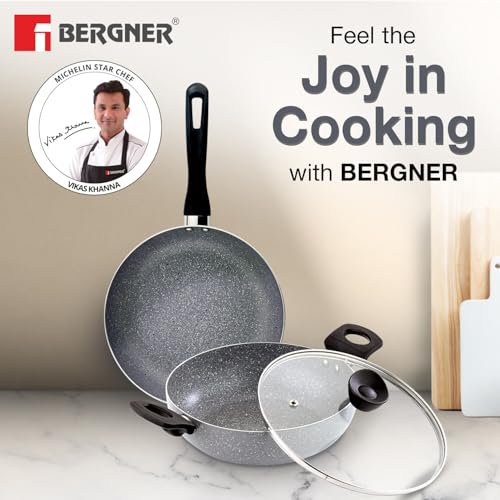 Bergner Orchid 3-Layer Non-Stick Coating 3 Pcs Cookware Set - 24cm (2.5 L) Kadai with Glass Lid and 24cm Frypan, Minimal Oil for Healthy Cooking - Induction Bottom, for Diwali/Anniversary Gifting - Image 2