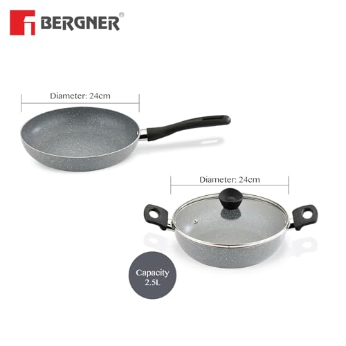 Bergner Orchid 3-Layer Non-Stick Coating 3 Pcs Cookware Set - 24cm (2.5 L) Kadai with Glass Lid and 24cm Frypan, Minimal Oil for Healthy Cooking - Induction Bottom, for Diwali/Anniversary Gifting - Image 3