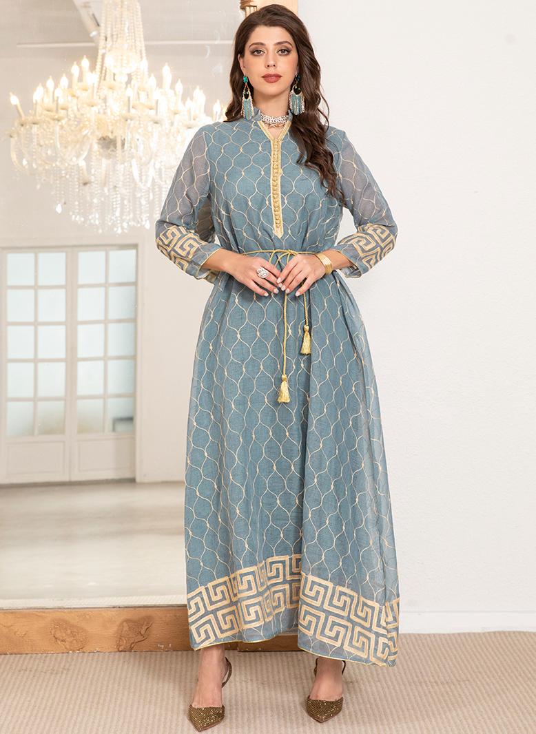 فرايديين انيق طوق عالي جاكار تباين اللون حزام تطريز بطانه الاكمام المتوهجة قفطان ازرق فاتح - Image 1