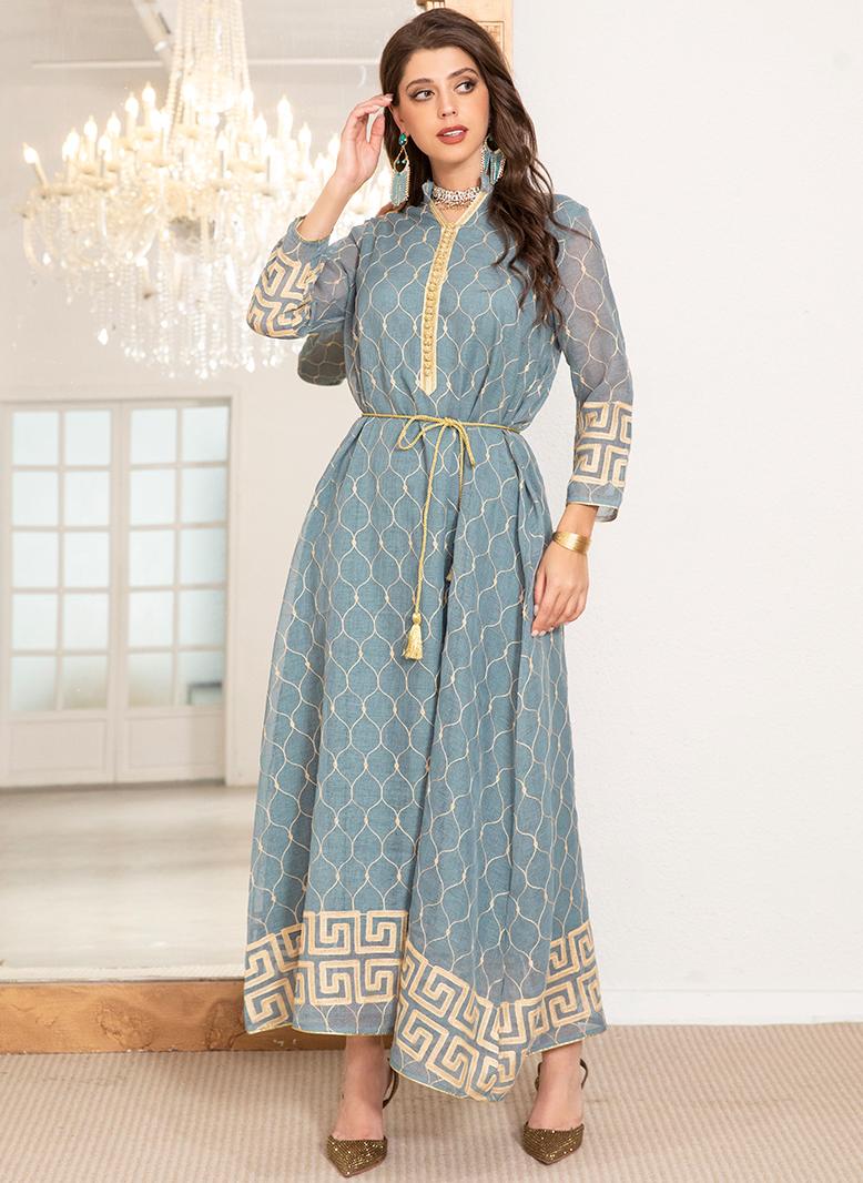 فرايديين انيق طوق عالي جاكار تباين اللون حزام تطريز بطانه الاكمام المتوهجة قفطان ازرق فاتح - Image 5