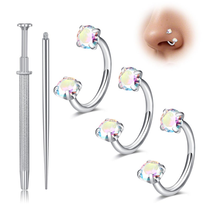 Longita Horseshoe Nose Ring for Women Double Gem Horse Shoe Nose Ring Hoop 18g Surgical Steel Silver Cartilage Helix Tragus Earring Hoops Labret Lip Piercing Jewelry Small Septum Rings 8mm 3pcs - Image 1