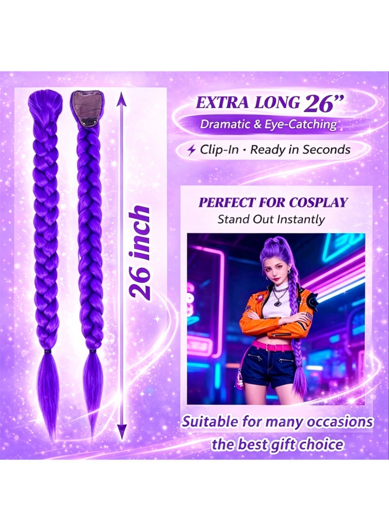 YOUGE 2PCS 26 inch Purple Braid Clip in Ponytail Hair,Demons Hunters Wig,Extension Long Pre Stretched Ponytail Extensions Soft Synthetic Hairpieces Cosplay Wig Demon purple Braid Wig Halloween Cosplay Props - Image 3