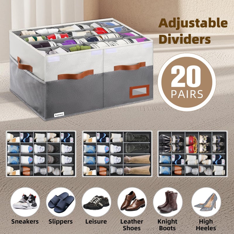 Supowin Shoe Organizer for Closet, Foldable Shoe Storage Bins with Lid & Adjustable Dividers, Fabric Shoe Box Storage Containers with Four Reinforced Handles, Fits 20 Pairs, 1 Pack, Grey - Image 4