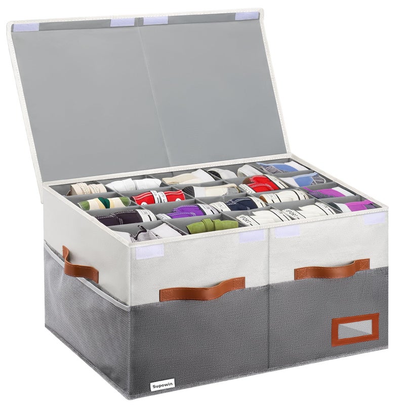 Supowin Shoe Organizer for Closet, Foldable Shoe Storage Bins with Lid & Adjustable Dividers, Fabric Shoe Box Storage Containers with Four Reinforced Handles, Fits 20 Pairs, 1 Pack, Grey - Image 1