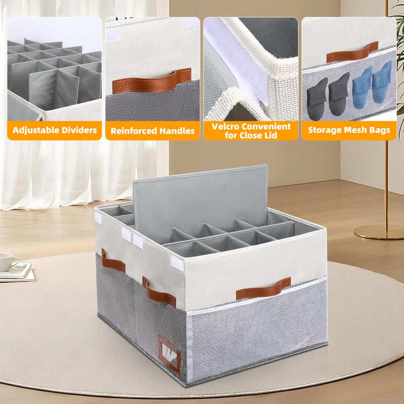 Supowin Shoe Organizer for Closet, Foldable Shoe Storage Bins with Lid & Adjustable Dividers, Fabric Shoe Box Storage Containers with Four Reinforced Handles, Fits 20 Pairs, 1 Pack, Grey - Image 2