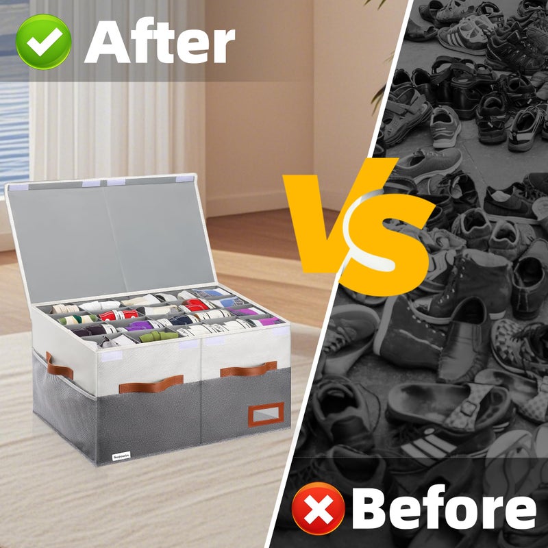 Supowin Shoe Organizer for Closet, Foldable Shoe Storage Bins with Lid & Adjustable Dividers, Fabric Shoe Box Storage Containers with Four Reinforced Handles, Fits 20 Pairs, 1 Pack, Grey - Image 5