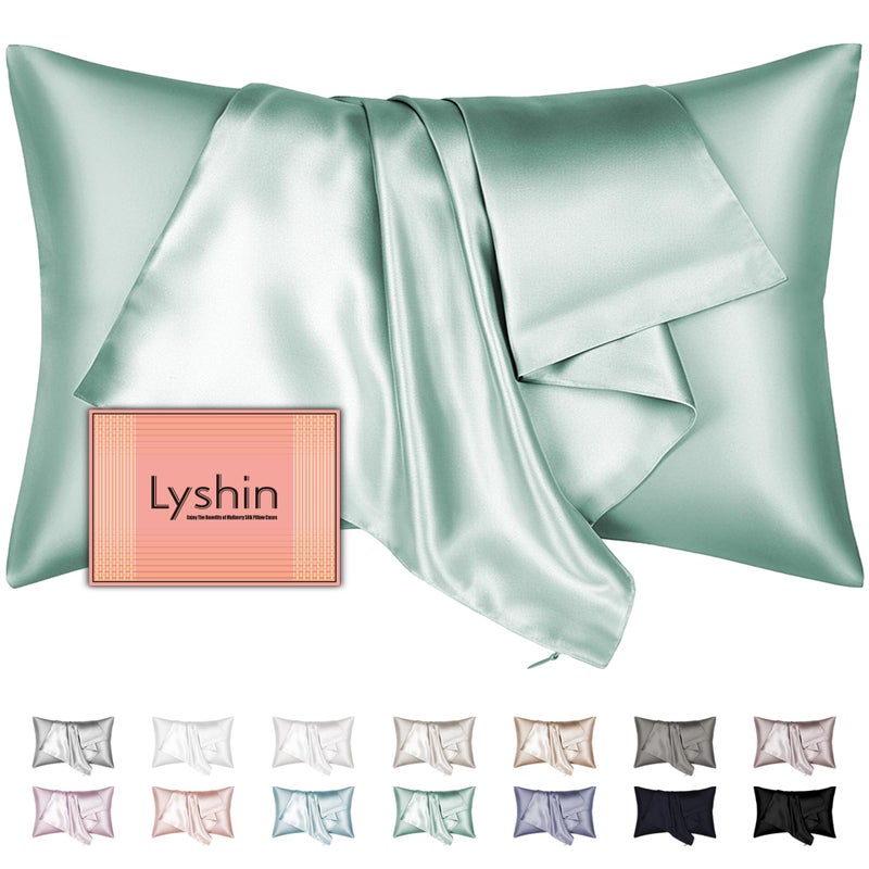 LYSHIN Mulberry Silk Pillow Cases Standard Size with Hidden Zipper  Ultra Smooth and Soft Breathable Cooling Silk Satin Pillowcase for Hair and Skin  Gifts for Women Men (Sage Green  20x26 Inches  1 Pack) - Image 1