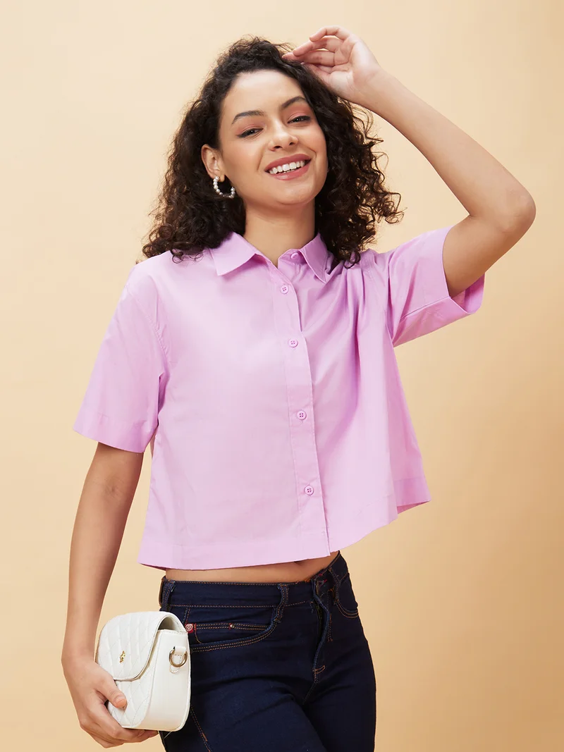 Women Purple Regular Fit Spread Collar Cotton Casual Crop Shirt
