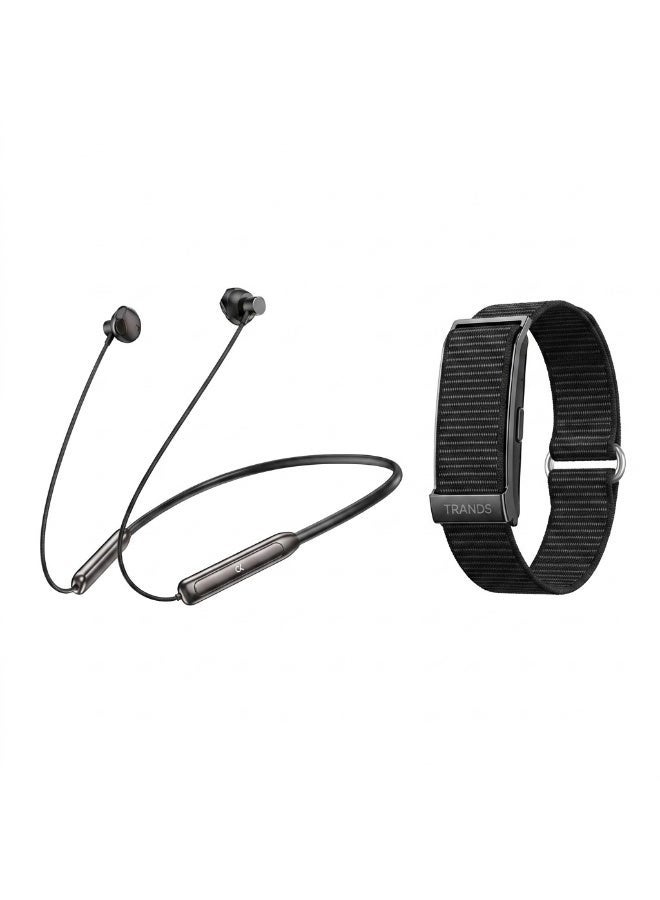 Trands Ultimate Focus Fitness Bundle: AcceOn ACC-BT982 Bluetooth 6.0 ENC Neckband Earphones + Trands SW300 Screenless Health Tracker (45-Day Battery, IP68 Waterproof) – Black - Image 1