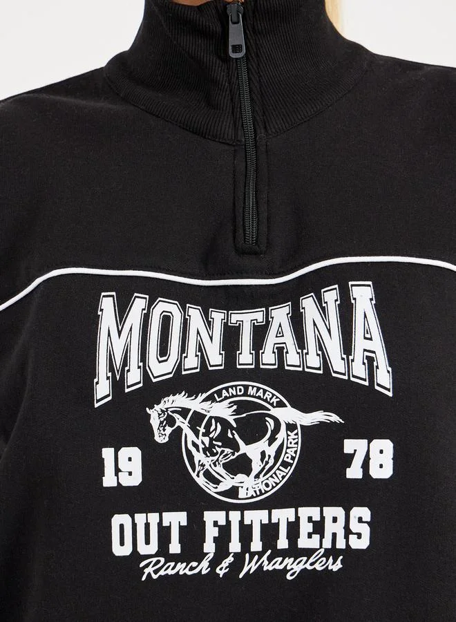 Styli Oversized Regular Length Slogan Half Zip Sweatshirt with Contrast Detailing