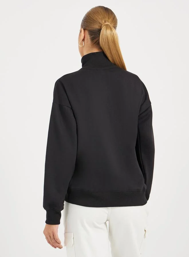 Styli Oversized Regular Length Slogan Half Zip Sweatshirt with Contrast Detailing