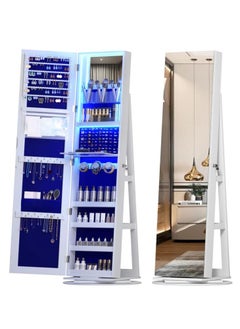 Golden LED Jewelry Armoire with Full Length Mirror 360° Rotating, Jewelry Cabinet Large Standing Lockable Mirror Jewelry Organizer with Inner Makeup Mirror & Soft Velvet for Living Room Bedroom  - Image 1