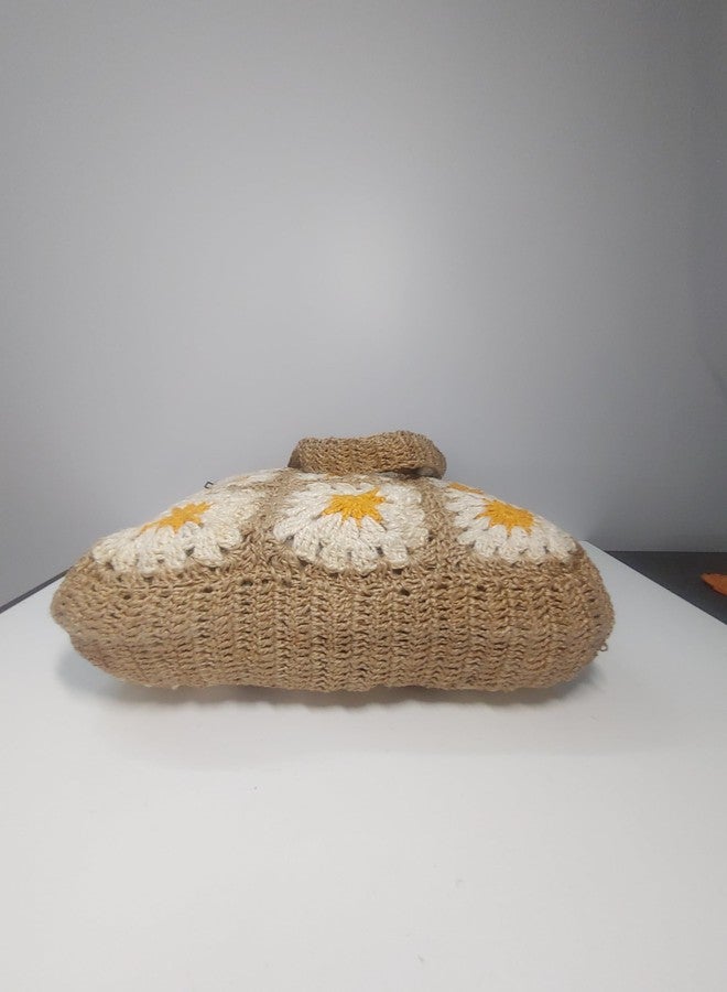 Divulge Jute Crochet Floral Motive Tote Bag for Woman Medium Size/Crochet beach bags/Handcrafted Party bags/ (Black & White Block) - Image 5