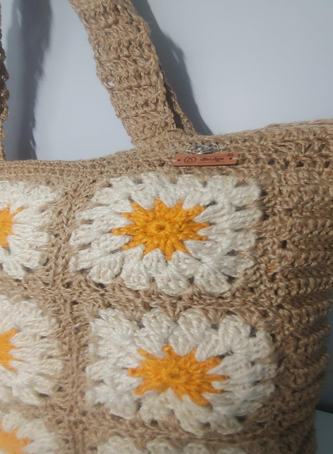 Divulge Jute Crochet Floral Motive Tote Bag for Woman Medium Size/Crochet beach bags/Handcrafted Party bags/ (Black & White Block) - Image 3