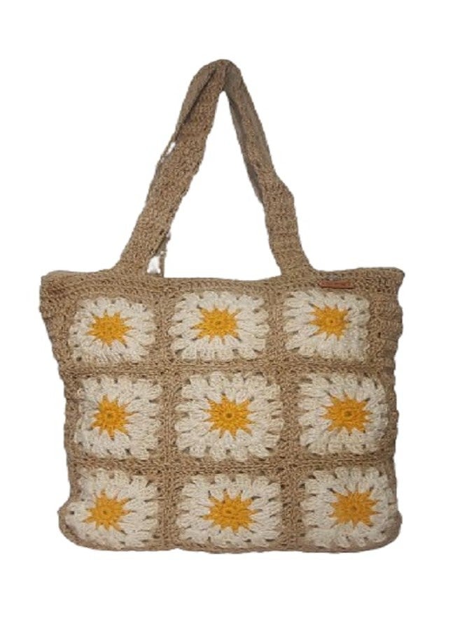 Divulge Jute Crochet Floral Motive Tote Bag for Woman Medium Size/Crochet beach bags/Handcrafted Party bags/ (Black & White Block) - Image 1