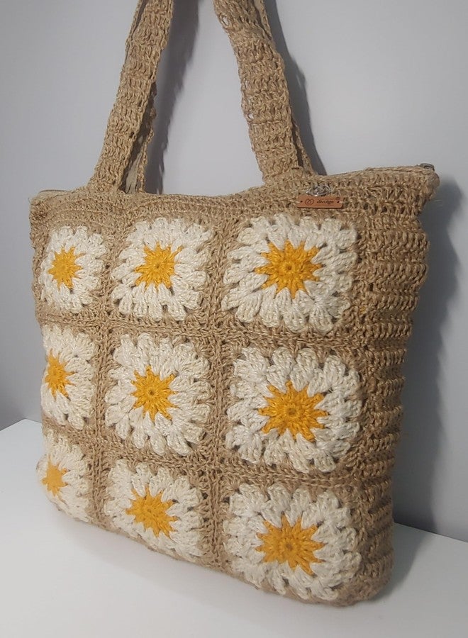Divulge Jute Crochet Floral Motive Tote Bag for Woman Medium Size/Crochet beach bags/Handcrafted Party bags/ (Black & White Block) - Image 2