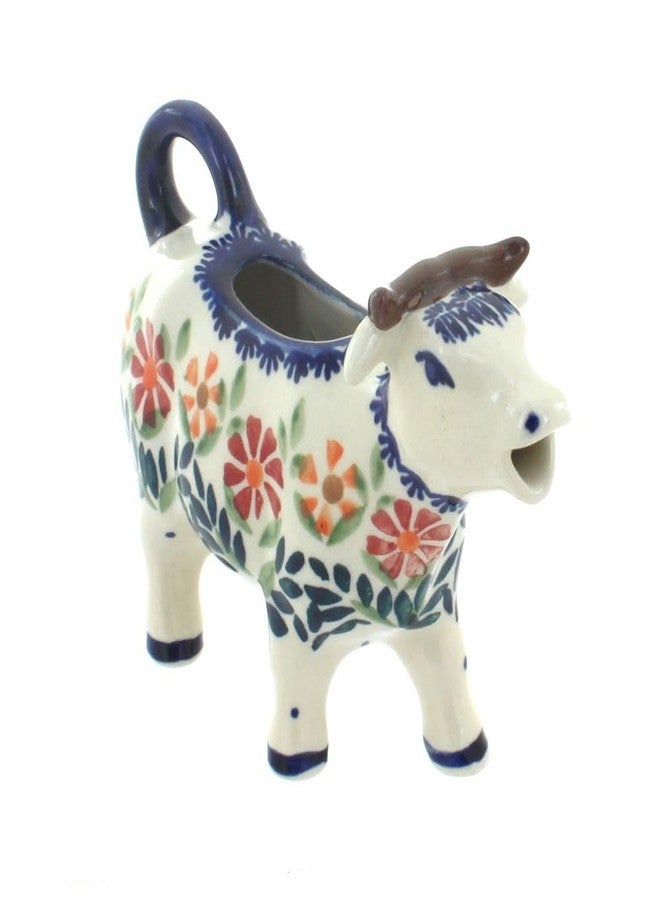Blue Rose Pottery Blue Rose Polish Pottery - Orange Garden Bouquet Cow Creamer - 5 oz Capacity - Ceramic Cream Pitcher in Cow Shape - Image 1